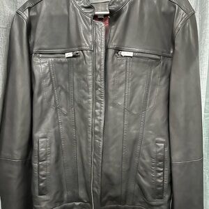 Men's Sleek Gray Black Leather Bomber Jacket